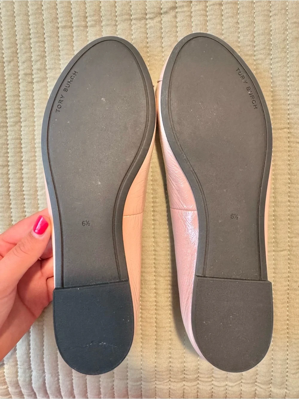 Tory Burch Chelsea Cap-Toe Leather Ballet Flats Shell Pink Silver Logo Size 6.5